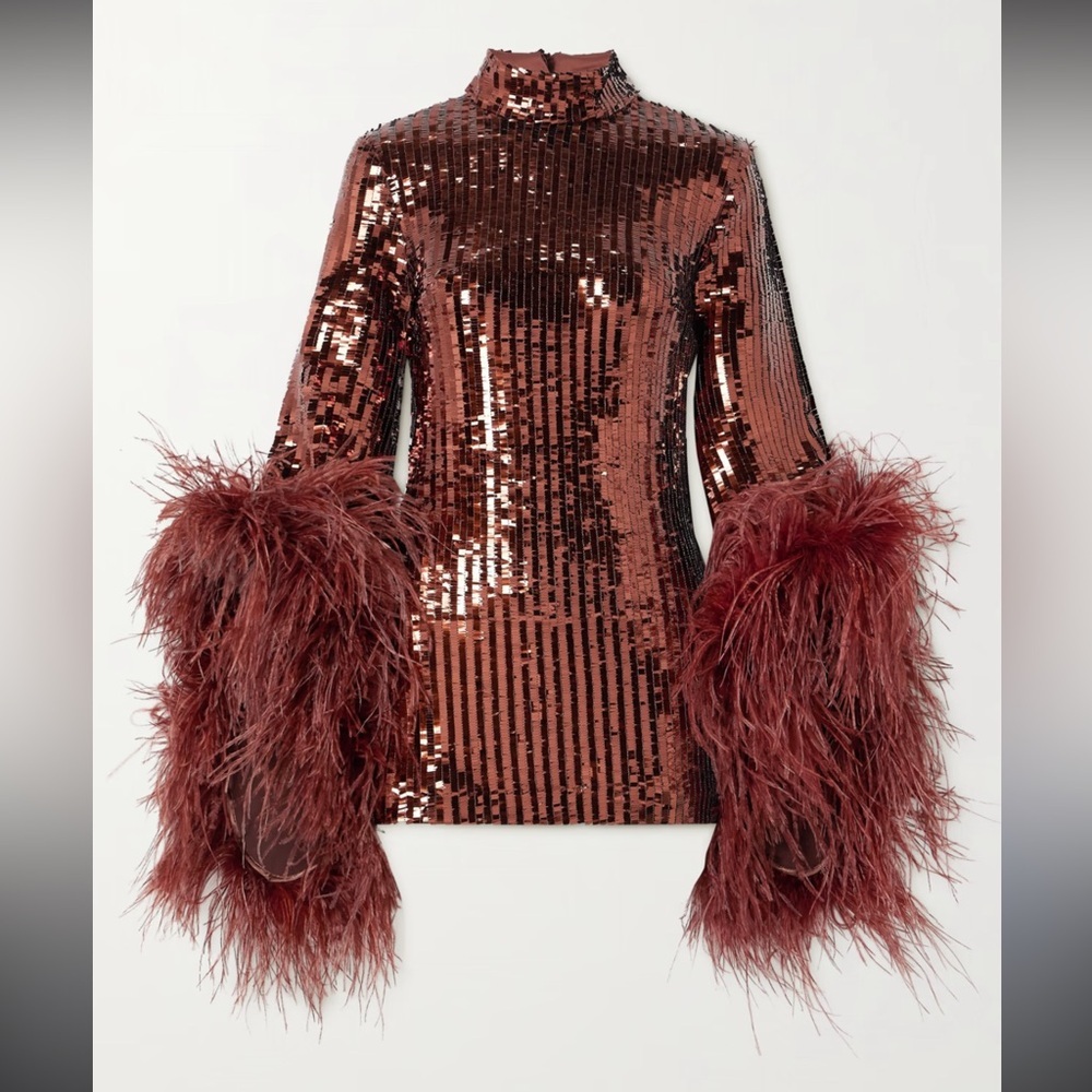 Taller Marmo Del Rio Disco Sequin Mini Dress with Feather Details